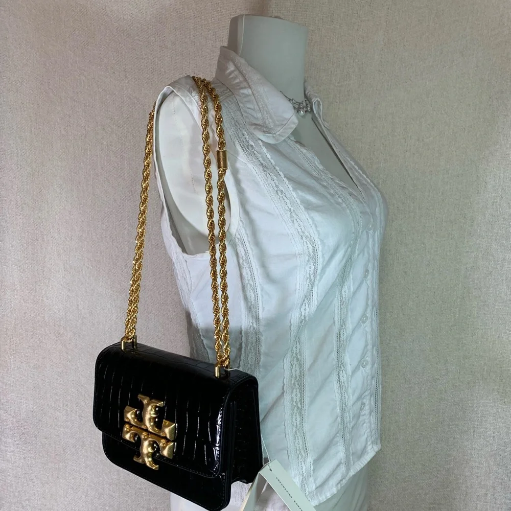 Tory Burch Black Croc-Embossed Mini Shoulder Bag with Gold Logo
